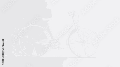 The image shows a white bicycle depicted in a minimalist style against a white background. The bicycle is rendered with a subtle particle effect or motion blur, giving it a slightly ethereal or