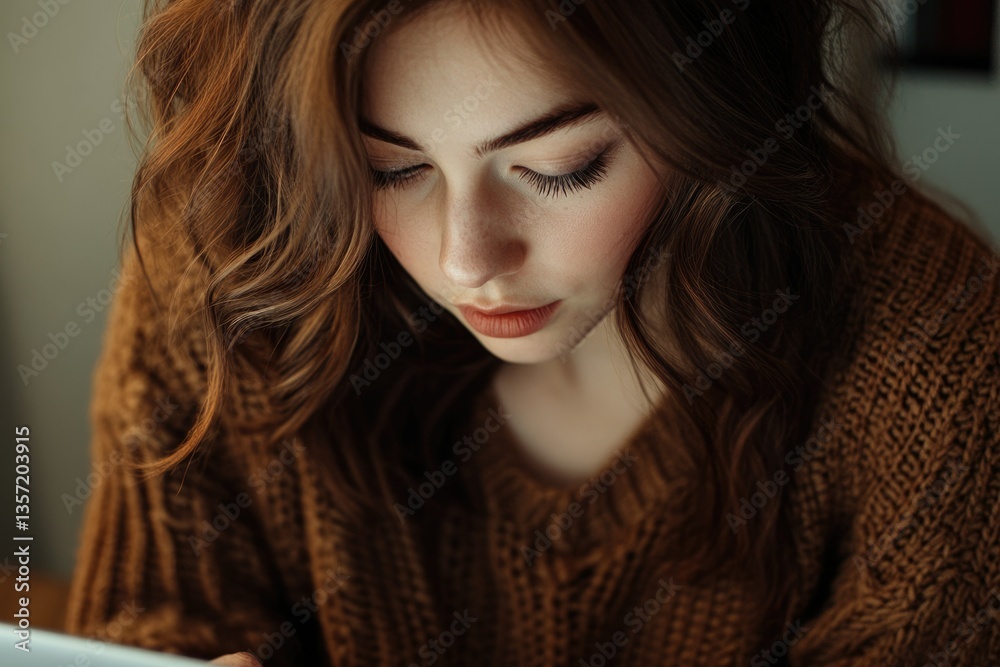Naklejka premium A young woman with long brown wavy hair looks down, wearing a brown knitted sweater.