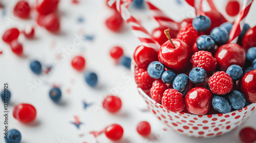Patriotic Berry Bowl: A vibrant assortment of fresh cherries, raspberries, and blueberries presented in a festive bowl, symbolizing the spirit of celebration and shared moments.