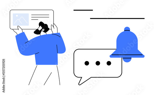 Individual holding a visual content card near speech bubble with three dots and a notification bell. Ideal for communication, teamwork, creative process, messaging, reminders, collaboration, alert