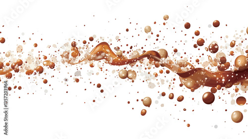 High-resolution close-up image of a brown liquid splash against a pure white background. The splash is dynamic, with a central stream of liquid exhibiting motion and texture, accompanied by