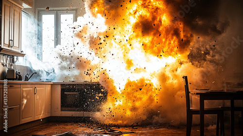 Massive explosion with fire and smoke in a kitchen, depicting extreme danger, household hazards, and emergency disaster scenarios