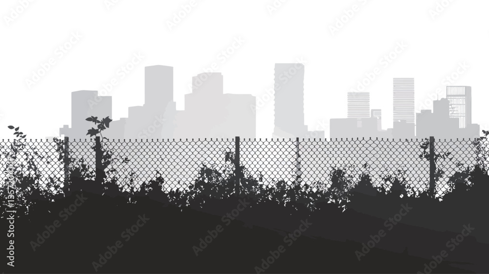 Fototapeta premium The image is a monochrome photograph depicting a cityscape in the distance, partially obscured by an overgrown foreground. The cityscape is rendered in shades of gray, with varying tones suggesting