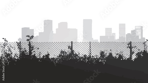 The image is a monochrome photograph depicting a cityscape in the distance, partially obscured by an overgrown foreground. The cityscape is rendered in shades of gray, with varying tones suggesting