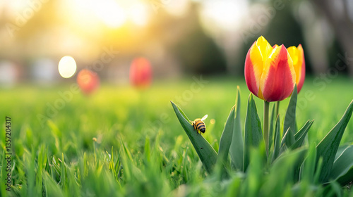 Tulip and Bee in Sunlight: A close-up of a vibrant red and yellow tulip, with a bee resting on a leaf, set against a background of sun-drenched greenery, evokes feelings of spring