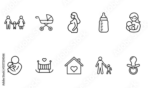 family and parenting icon set featuring outline vector illustrations