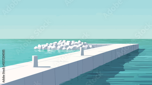 The image is a digitally rendered, minimalist seascape.  It features a long, rectangular pier extending from the lower right into a calm body of turquoise water.  Several small, white, possibly