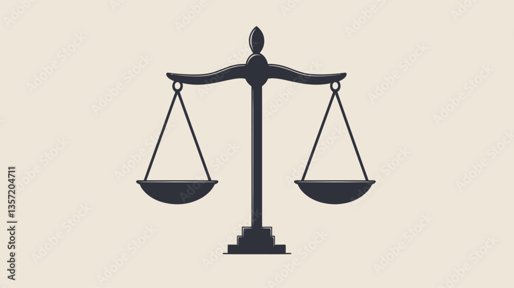 A vector graphic depicting a stylized silhouette of scales of justice against a light beige background. The scales are dark grey, with a simple, minimalist design. The image is flat and A vector graphic depicting a stylized silhouette of scales of justice against a light beige background. The scales are dark grey, with a simple, minimalist design. The image is flat and