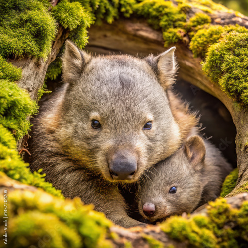 wombat and baby wombat snuggle together in cozy tree hollow surrounded by vibrant green moss, showcasing their adorable bond