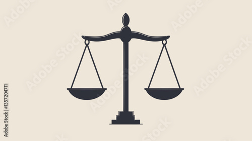 A vector graphic depicting a stylized silhouette of scales of justice against a light beige background. The scales are dark grey, with a simple, minimalist design.  The image is flat and