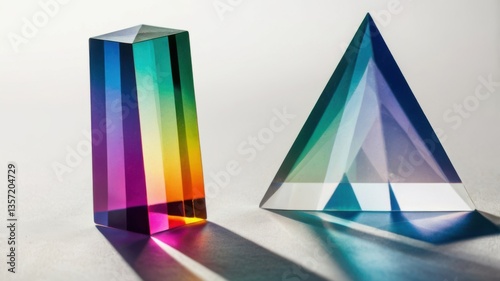 A visually striking scene featuring transparent geometric prisms reflecting and splitting light into colorful spectrums — great for concepts in science, optics, or abstract visuals.
