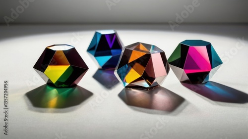 A visually striking scene featuring transparent geometric prisms reflecting and splitting light into colorful spectrums — great for concepts in science, optics, or abstract visuals.