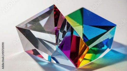 A visually striking scene featuring transparent geometric prisms reflecting and splitting light into colorful spectrums — great for concepts in science, optics, or abstract visuals.