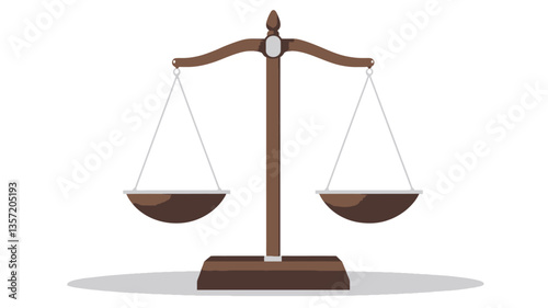 A digital illustration of a wooden balance scale against a white background. The scale features two empty pans suspended from a central beam, supported by a sturdy base. The wood has a dark brown