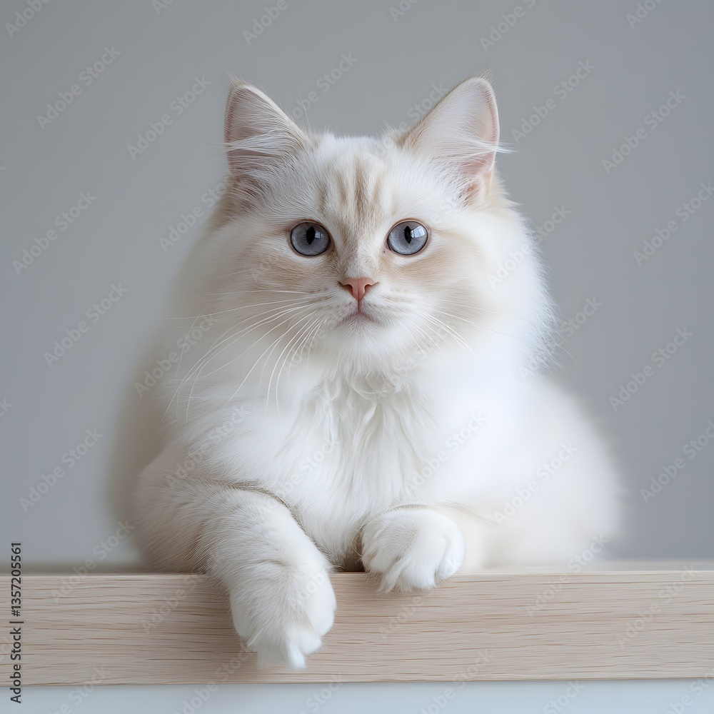Fluffy cream cat posing on shelf, studio background, pet portrait Fluffy cream cat posing on shelf, studio background, pet portrait