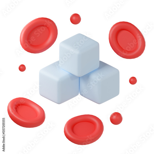 Clinical chemistry 3d icon. Sugar cubes surrounded by red blood cells, symbolizing blood sugar levels.