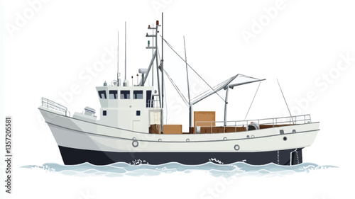 Digital illustration of a fishing trawler.  The vessel is predominantly white with a dark-colored hull. It features a small bridge, various rigging and masts, and visible cargo boxes on deck.  The
