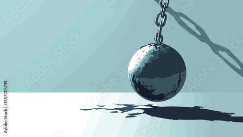 A digitally rendered image depicts a metallic sphere attached to a chain, hanging just above a light-colored surface. The sphere casts a distinct shadow.  The color palette is monochromatic, using