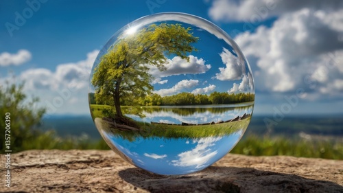 A mystical glass ball or crystal sphere placed in a natural landscape, symbolizing weather prediction, future vision, or nature's reflection — often used in fantasy or conceptual designs.