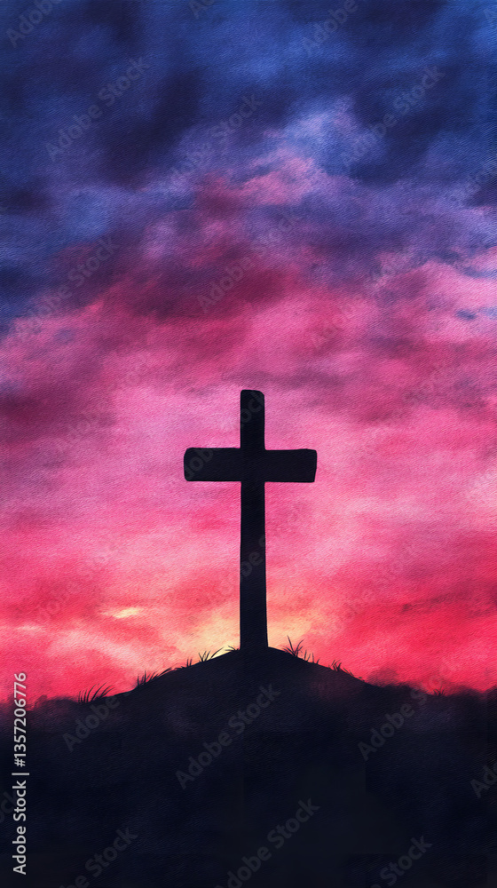 Cross silhouette on a hill at colorful sunset, background for easter, religion, good and jesus christ, watercolor illustration Cross silhouette on a hill at colorful sunset, background for easter, religion, good and jesus christ, watercolor illustration