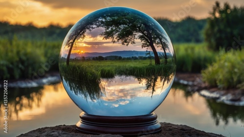 A mystical glass ball or crystal sphere placed in a natural landscape, symbolizing weather prediction, future vision, or nature's reflection — often used in fantasy or conceptual designs.