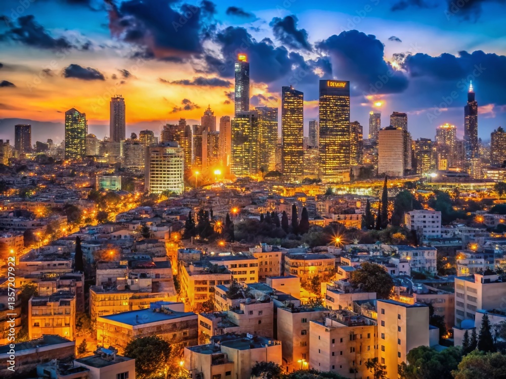 Obraz premium Israel Skyline Night Photography: Low Light Cityscape