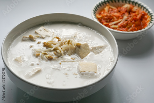Bean sprouts in coconut milk and a spicy mango relish, a typical food eaten with white rice for lunch or dinner in Malaysia.