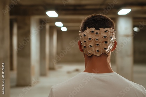 An unsettling artistic piece depicting a man's head adorned with numerous eyes evokes reflections on surveillance, identity, and the complexity of perception in a modern world.