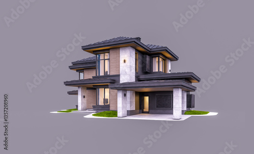 3d rendering of modern two story house with gray and wood accents, large windows, parking. In the evening Isolated on gray