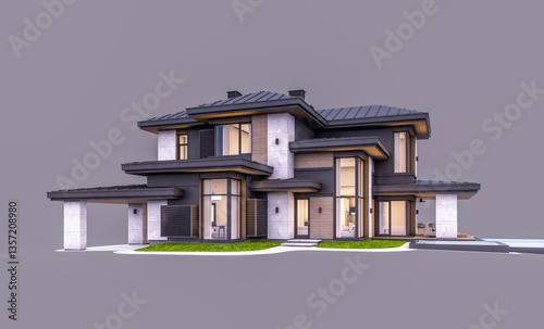 3d rendering of modern two story house with gray and wood accents, large windows, parking. In the evening Isolated on gray