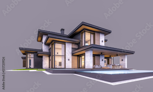 3d rendering of modern two story house with gray and wood accents, large windows, parking. In the evening Isolated on gray