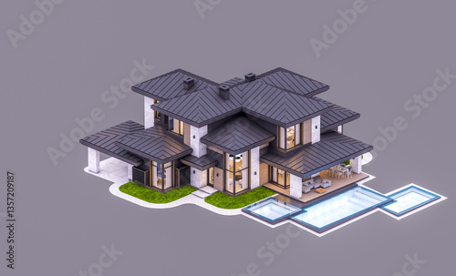3d rendering of modern two story house with gray and wood accents, large windows, parking. In the evening Isolated on gray