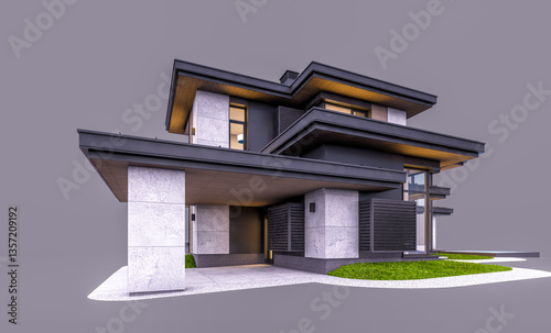 3d rendering of modern two story house with gray and wood accents, large windows, parking. In the evening Isolated on gray