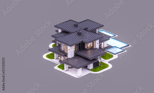 3d rendering of modern two story house with gray and wood accents, large windows, parking. In the evening Isolated on gray