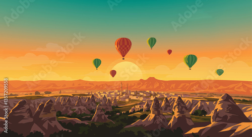 Vector illustration of hot air balloons floating over a landscape with unique rock formations and a distant town, under a beautiful sunset sky
