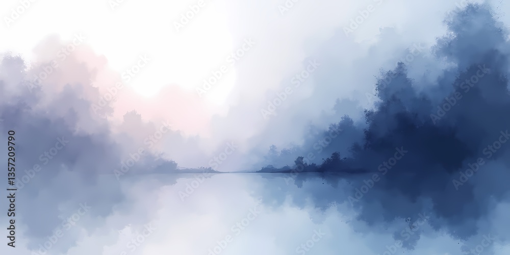 Fototapeta premium Calm Horizon Blue Watercolor Background with Soft Reflection