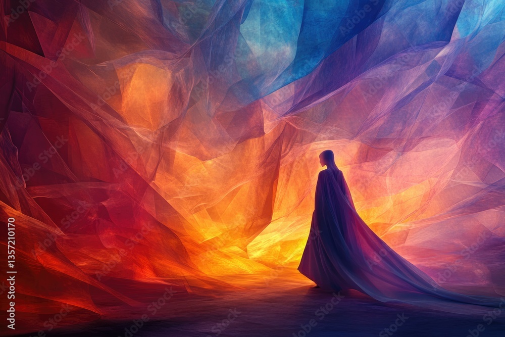 A cloaked figure stands within a vibrant, abstract, and colorful cavernous landscape.
