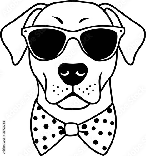Cool dog illustration wearing sunglasses and polka dot bow tie, black and white
