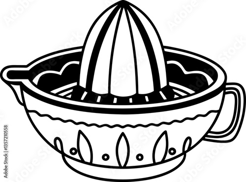 black and white lemon squeezer illustration citrus juicer with handle and leaf patterns, traditional design