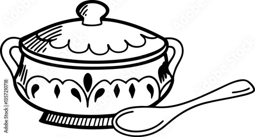 ornate soup tureen and spoon illustration vintage kitchenware line art, elegant crockery design