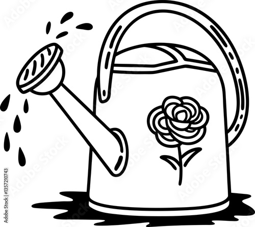 garden watering can with floral design, sprinkling water droplets, nurturing plants and growth