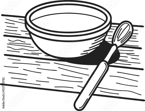 minimalistic woodcut soup bowl with spoon on wooden surface line art
