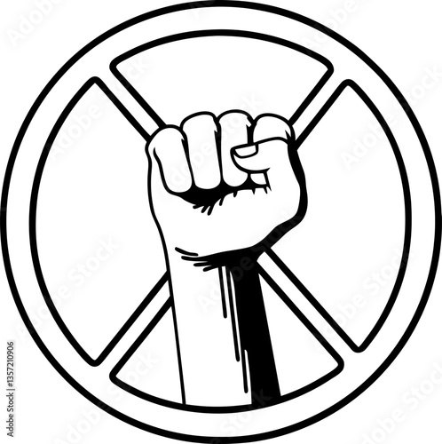 raised fist in solidarity symbol within circular frame empowerment and unity gesture in black and white