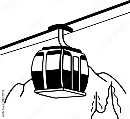 aerial cable car over mountains, simple line art illustration