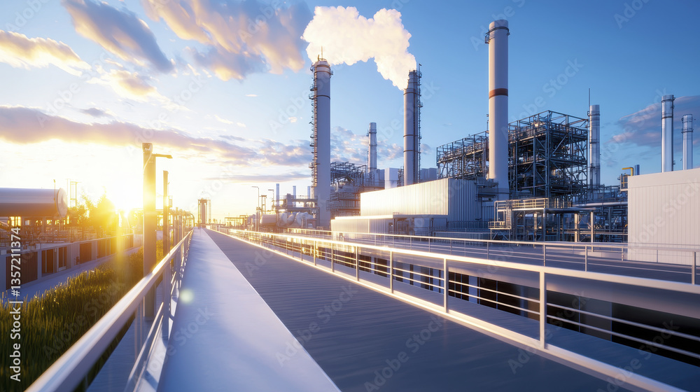 Obraz premium massive industrial facility with smokestacks and pipelines at sunset, showcasing advanced technology and engineering
