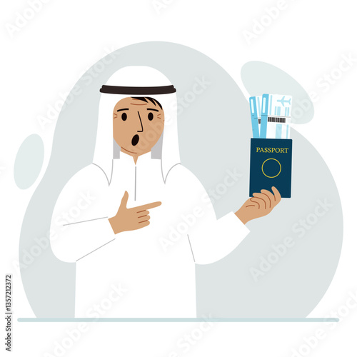 A man holds a passport with air tickets. The man shows the boarding pass. Travel concept. Vector flat illustration