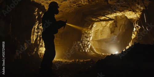 Silhouette shadow man worker lighting exploration safety underground tunnel dig mine fine gold rare earth backgrounds.