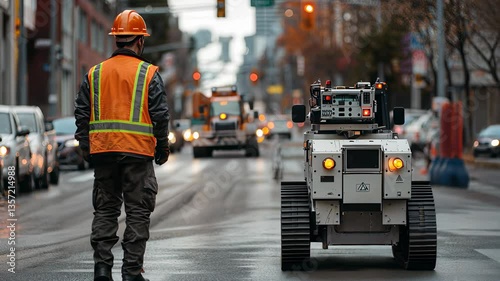 Wallpaper Mural Worker observes robotic machine on city street during daytime operation Torontodigital.ca
