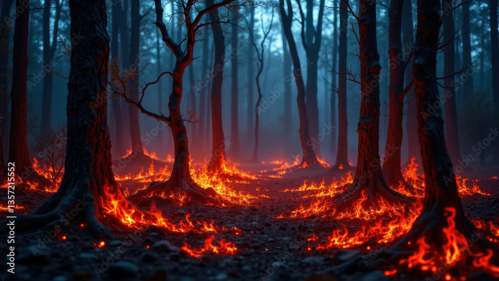 Watch duty in action during a wildfire with flames engulfing trees on a forest trail. Watch duty in action during a wildfire with flames engulfing trees on a forest trail.