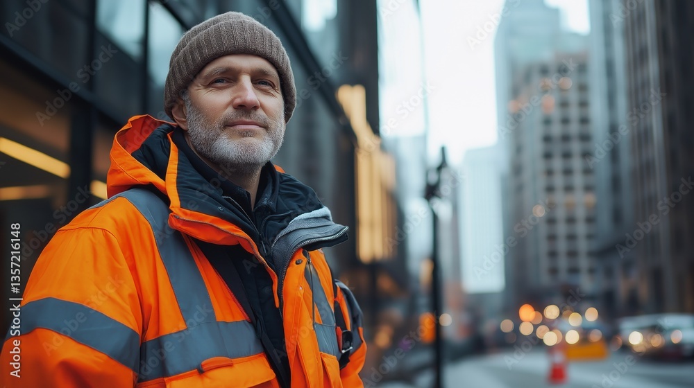 A dedicated city worker stands confidently against a backdrop of tall buildings, dressed in bright safety gear. Morning light glimmers as pedestrians hurry by, with the winter air crisp and cold.